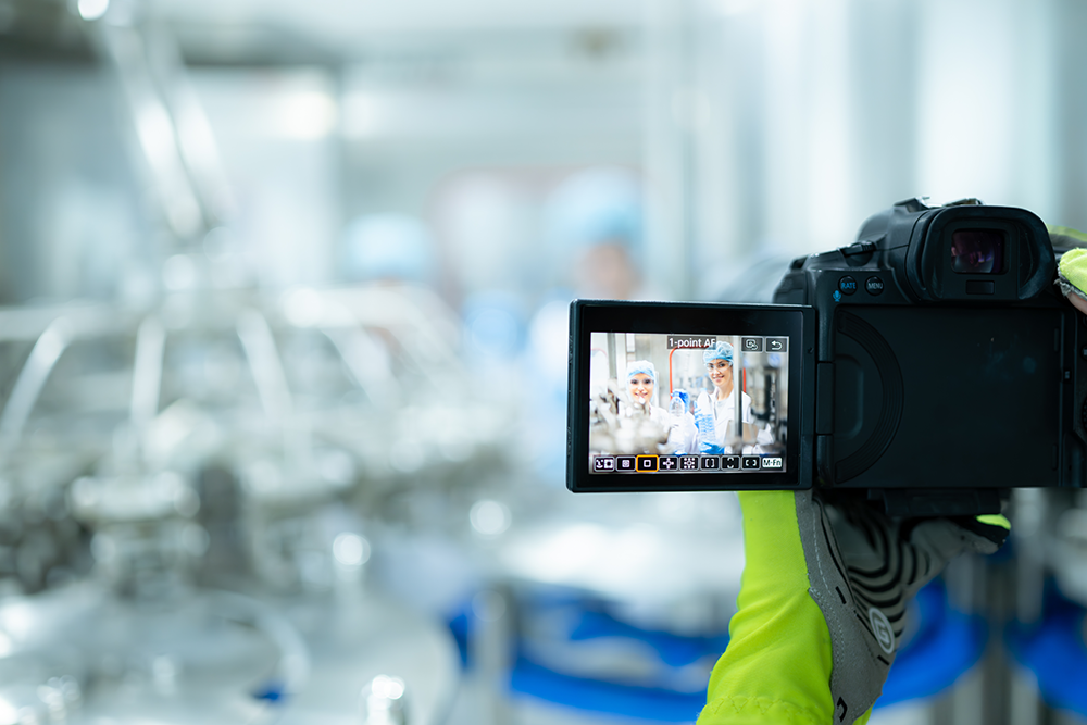 Almacén industrial moderno con estanterías de alta densidad capturado para video corporativo de logística.